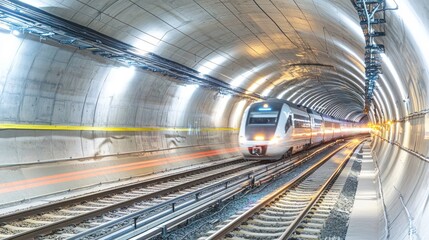 Fototapeta premium Modern train moving through a long, concrete tunnel.