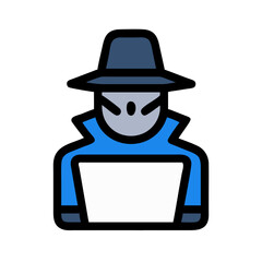 Hacker with laptop wearing hat against a black backdrop