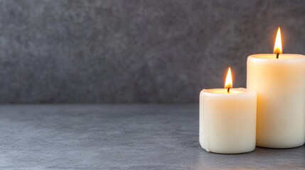 Two candles burning softly on a gray surface
