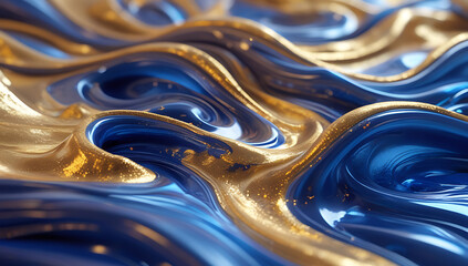 Luxurious abstract rendering of gold and blue fluid waves with sparkling texture