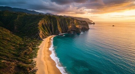 Fototapeta premium Aerial View of Secluded Beach at Sunset