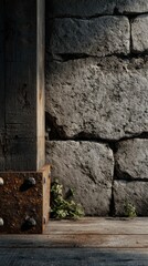 Rustic Stone Wall with Weathered Wood and Metal