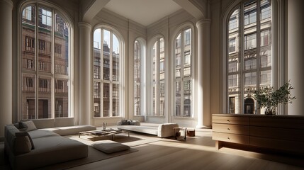 Fototapeta premium Spacious, sunlit interior with city views.