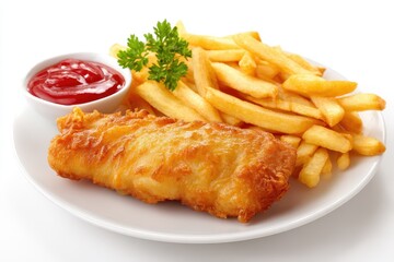 Breaded fish fillet and fries on a light backdrop
