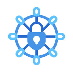 Blue padlock surrounded by chained circles on black background