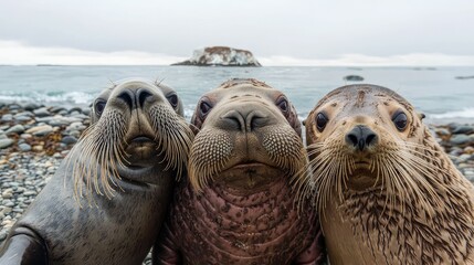 Obraz premium A walrus, a sea lion, and an otter all squeezed into the frame for a funny selfie.