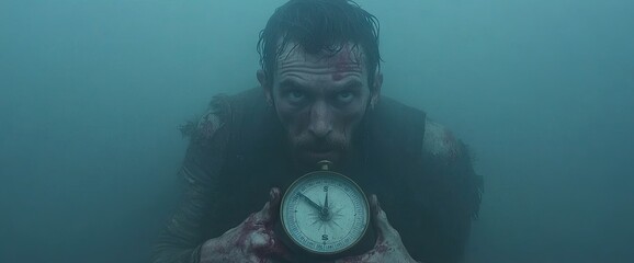 Lost Man holds compass in fog. Bloody hands, desperate gaze, searching direction