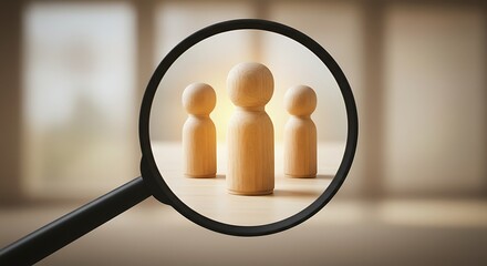 Fototapeta premium Wooden figures under scrutiny: A magnifying glass focuses on three individuals