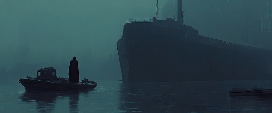 Figure stands on boat. Dark, cold sea near ship. Foggy, grey
