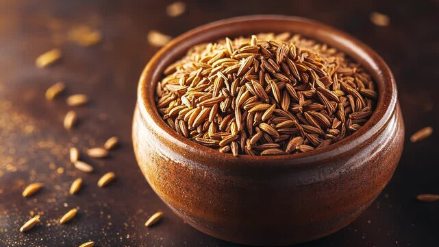 Brown cumin seeds in a rustic bowl, close-up view