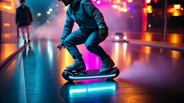 Urban night riding with futuristic hoverboard in neon-lit skate park