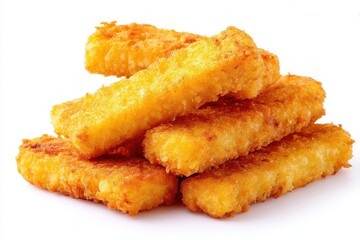 Breaded fish strips on white background