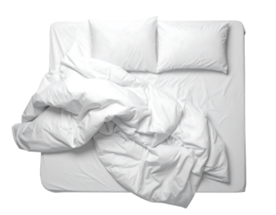 Overhead View of Unmade White Bed with Pillows on Transparent Background