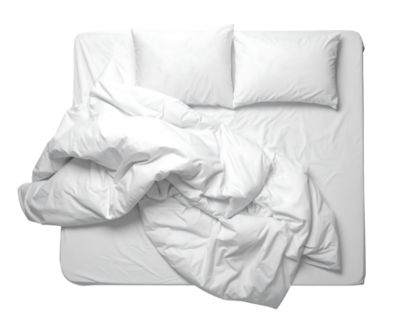 Overhead View of Unmade White Bed with Pillows on Transparent Background