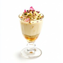 A delicate rose petal-flavored panna cotta with a pistachio and honey filling