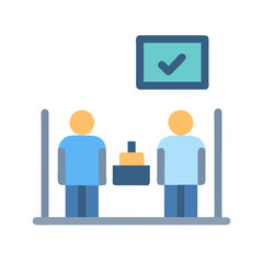 Flat design exhibition scene with attendees and confirmation symbol