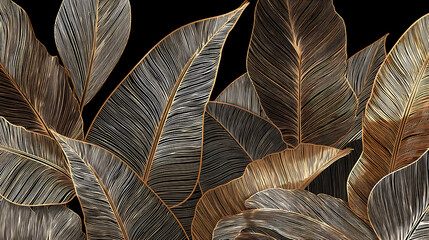 Elegant arrangement of metallic leaves with intricate textures against a dark background