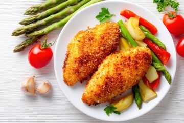 Breaded tilapia fillets with vegetables on a plate Overhead view against a white backdrop