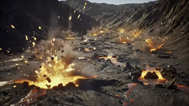 Volcanic Eruption with Flowing Orange Lava Between Rocky Mountains and Smoke