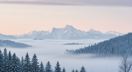 Deer in a Misty Winter Mountain Landscape with Snow-Covered Trees