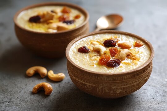Brown top millet dessert made with jaggery coconut milk and cardamom garnished with raisins fried cashews and coconut flakes