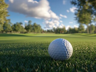Obraz premium Golf ball resting on green fairway at sunny golf course low angle scenic view of sports activity and recreation outdoors