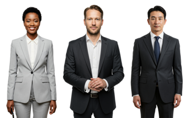 Studio portrait of three diverse business professionals, including a Black woman, a White man, and an East Asian man, wearing suits against a transparent background.
