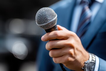 Businessman with a microphone leading an interview reporting or hosting a conference