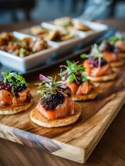 Close up of salmon canap&eacute;s with caviar and microgreens on a wooden board at a restaurant from a high angle