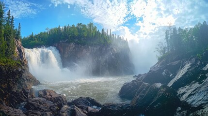 Fototapeta premium A wide-angle panoramic shot of the waterfall as it crashes into the pool, with the vibrant rainforest and mist-filled air visible beyond.