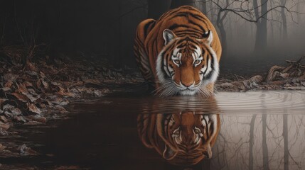 Majestic tiger reflected in a tranquil forest pool.