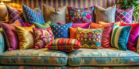 Vibrant, multicolored pillow arrangement on a plush couch, surrounded by rich fabrics and textures, creating a cozy and inviting atmosphere , decorative accents, interior design