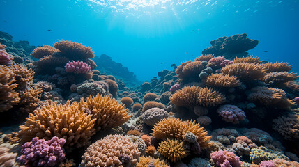 Obraz premium coral reef in the sea Coral reefs, teeming with vibrant symbiotic relationships, diverse life forms, and an urgent need for preservation, stand as crucial ecological treasures that demand our utmost