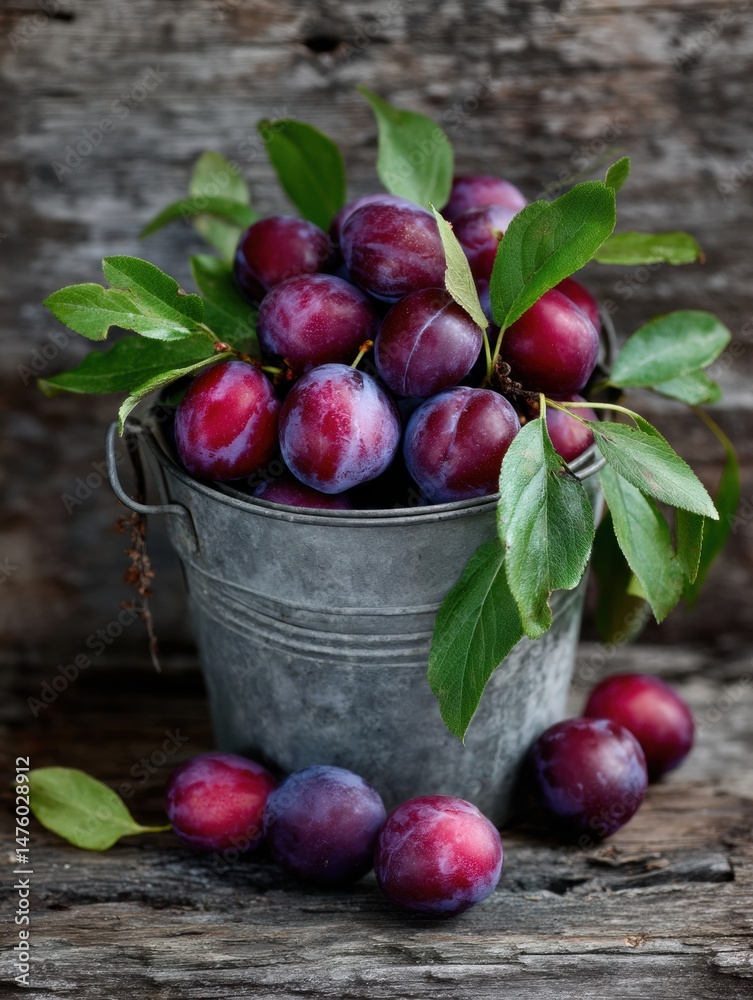 Aufkleber fresh plums gathered in a rustic bucket with green leaves placed on a natural wooden surface in soft