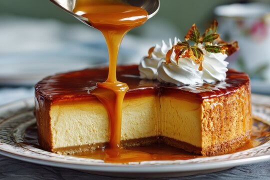 cake topped with butterscotch custard and whipped cream