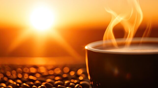 Steaming cup against vibrant sunset, coffee beans in the foreground create a warm, serene ambiance