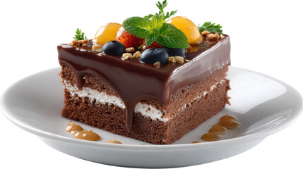 Decadent Chocolate Cake Slice: A luxurious slice of chocolate cake, adorned with fresh fruit and a delicate layer of whipped cream, presents a symphony of flavors and textures.