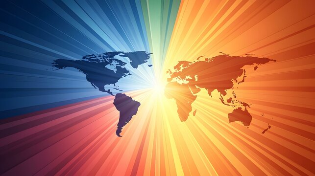 A world map is depicted with radiating lines of blue and orange hues, creating a vibrant and dynamic global perspective.