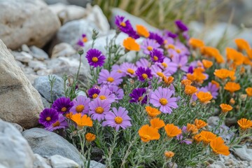 Obraz premium Colorful flowers nestled amongst rocks
