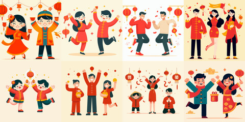 Fototapeta premium collection of people celebrating Chinese new year