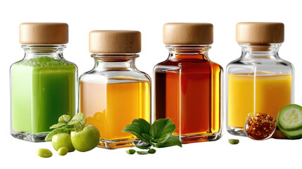 Colorful elixir set: a diverse ensemble of brightly hued tonics. The images showcase the freshness and natural qualities of the ingredient.