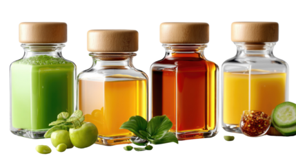 Colorful elixir set: a diverse ensemble of brightly hued tonics. The images showcase the freshness and natural qualities of the ingredient.