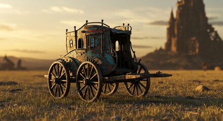 Fototapeta premium Old Stagecoach in Field with Castle