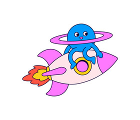 Cute alien riding rocket in space Hand drawn Illustration