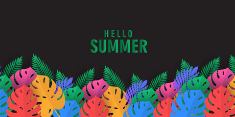 Summer greeting clipart banner poster card set. spring tropical leaves with colorful exotic leave, collection summer or spring poster, flayer, cover, in colorful abstract background