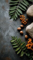 Autumnal Still Life: Stones, Berries, and Leaves in Earthy Tones