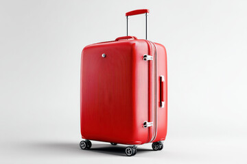 Clean red suitcase with extended handle, on white