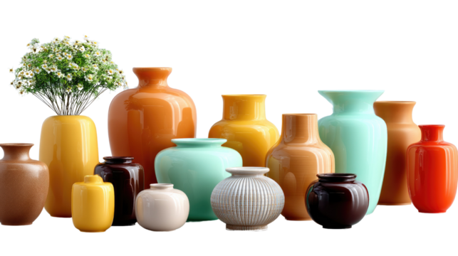 Vase Variety: A vibrant collection of artful ceramic vases showcases diverse shapes, colors, and designs, each an embodiment of artistry, ideal for enhancing home decor with floral arrangements.