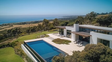 Fototapeta premium Panoramic view of a modern home with a swimming pool and ocean vista.