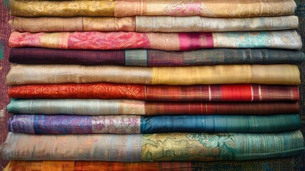 Stack of colorful, intricately woven textiles